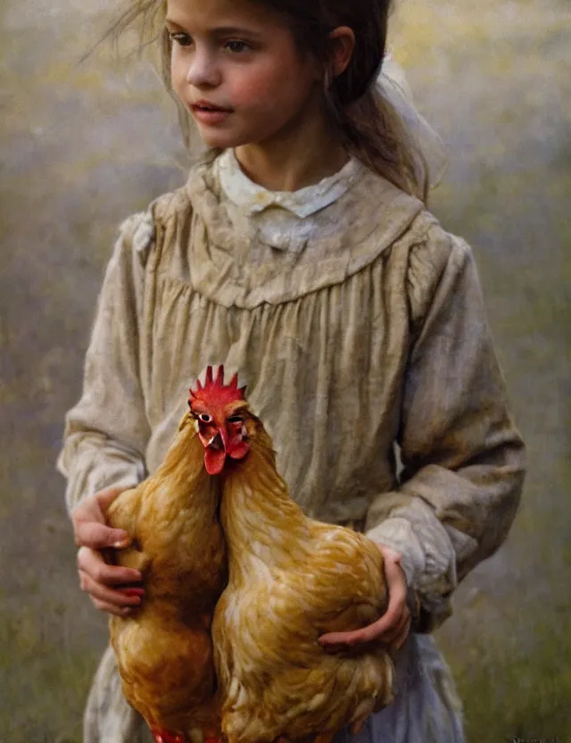 Image similar to portrait of little peasant girl holding a chicken, cottage core, cinematic focus, polaroid photo bleached vintage pastel colors high - key lighting, soft lights, foggy, by steve hanks, by lisa yuskavage, by serov valentin, by tarkovsky, 8 detailed, oil on canvas