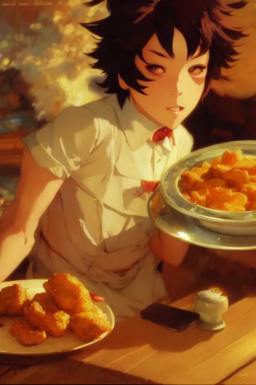 Prompt: nugget, food design, dynamic lighting, by studio ghibli, painting by gaston bussiere, craig mullins, j. c. leyendecker, tom of finland