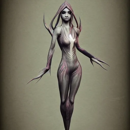 Image similar to female elf, tree person, dynamic pose, elongated legs, long fingers, talons, terrifying, dark, fog, artstation