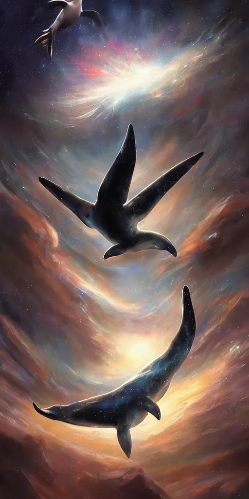 Prompt: a painting of a cosmic penguin flying through the sky, poster art by raymond swanland, deviantart, fantasy art, christian, deviantart, mystical
