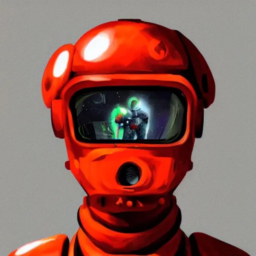 Image similar to Concept character art, man wearing scifi robotic space suit, red and orange, digital art