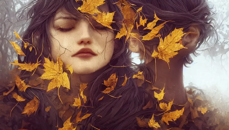 Image similar to golden leaves at frame border, creative!!! composition for a book cover!!!, absurdly beautiful, ultrafine hyperrealistic detailed old witch face by wlop and artgerm and greg rutkowski, intricate linework, sharp focus, smooth, octopath traveler, final fantasy, unreal engine, dramatic lighting, ethereal, 8 k