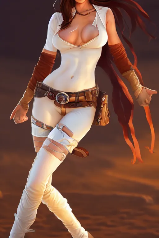 Image similar to full body, female cowgirl, perfect face, white blouse, holster, 8 k, magic the gathering, desert, d & d, artstation, high detail, smooth, muscular