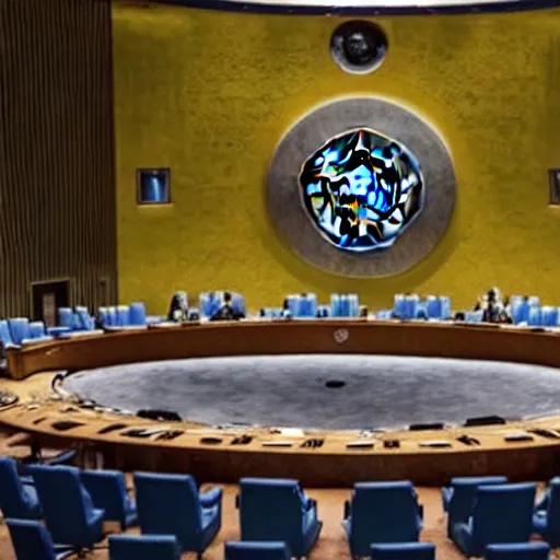 Image similar to hyperrealistic film still of the minions in the un security council, stunning 3 d render, dim volumetric cinematic lighting, 8 k octane comprehensive render, extremely hyper - detailed, incredibly lifelike attributes, intricate, real flesh texture, masterpiece