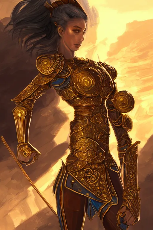 Prompt: portrait knights of zodiac girl, golden and copper reflected armor, karate pose, in ruined agora of athens sunrise, ssci - fi and fantasy, intricate and very very beautiful and elegant, highly detailed, digital painting, artstation, concept art, smooth and sharp focus, illustration, art by z - - ed deviantart