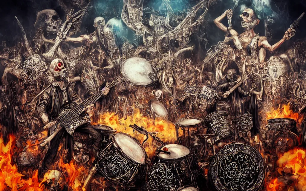 Image similar to khamenei playing drums in heavy metal band in hell, corded hanged bodies in horizon, skulls on the ground, guns, high definition, trending on artstation, unreal engine, photorealistic, high resolution,, trending on deviantart, hdr, hyper detailed, insane details, intricate, elite, ornate, elegant, luxury, dramatic lighting