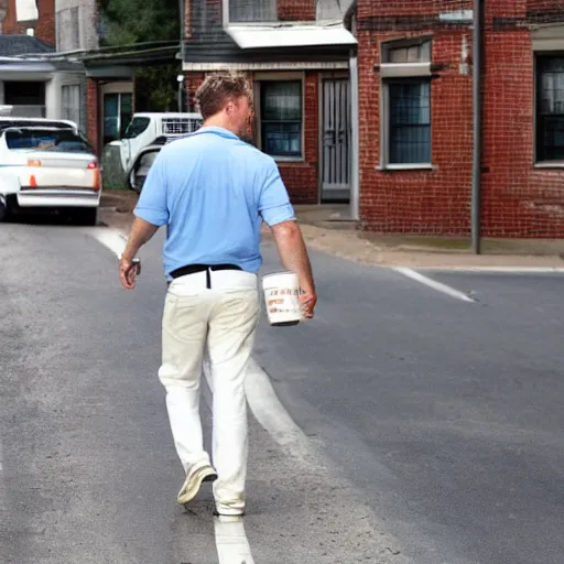 Prompt: white man walking down the street with a gallon of milk