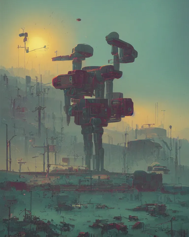 Image similar to Retro sc-fi poster by Simon Stålenhag, giant broken robot, rural landscape