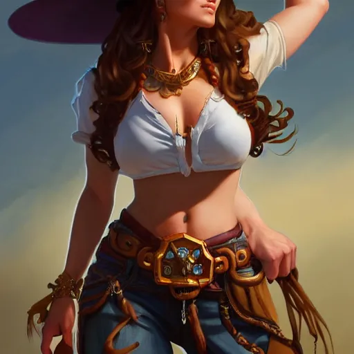 Image similar to beautiful female cowgirl, full body shot, big breast, opened shirt, d & d, fantasy, intricate, elegant, highly detailed, digital painting, artstation, concept art, matte, sharp focus, illustration, hearthstone, art by artgerm and greg rutkowski and alphonse mucha