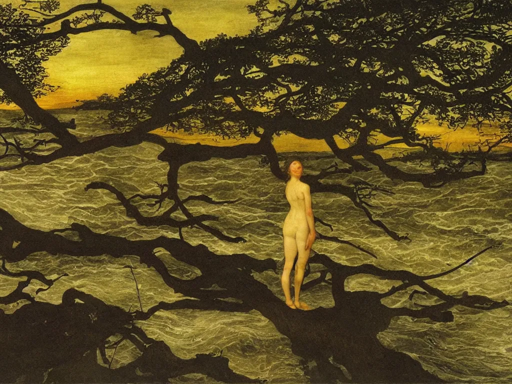 Prompt: Young woman swimming in a turbulent river at sunset. Acacia trees in the wind, blinding lightning strikes. Painting by Lucas Cranach, Andrew Wyeth