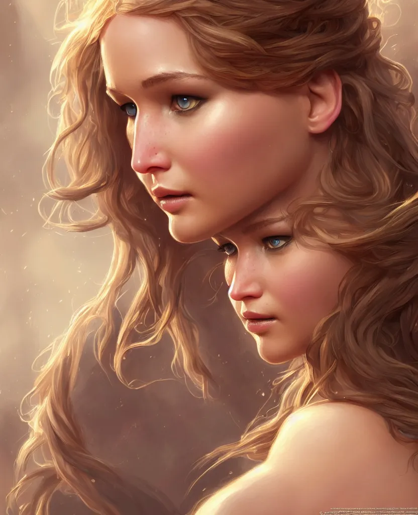 Image similar to Jennifer Lawrence, closeup, D&D, fantasy, intricate, elegant, highly detailed, digital painting, artstation, concept art, matte, sharp focus, illustration, hearthstone, art by Artgerm and Greg Rutkowski and Alphonse Mucha