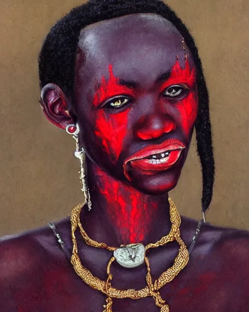 Image similar to beautiful ancient african demonic vampire girl, portrait, hyperrealistic, bloodstained