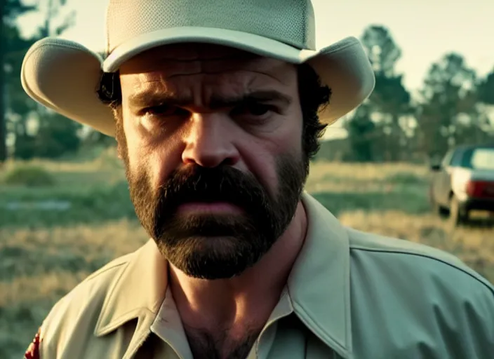 Image similar to film still of jim hopper as dustin henderson in stranger things, 8 k