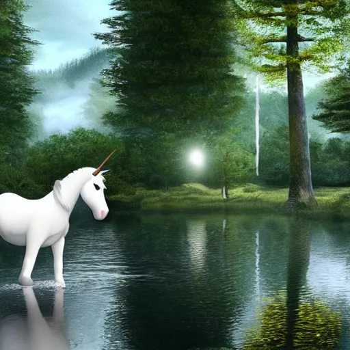 Image similar to a white unicorn drinking from a lake. the moon shines in the background forest on the unicorn. beautiful artstation, 4 k, hdr.