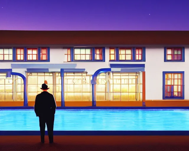 Prompt: photo of a man standing next to a swimming pool outside a motel with a neon sign in the desert at night, cinematic, in the style of edward hopper