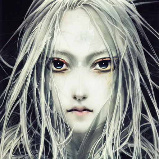 Image similar to Yoshitaka Amano blurred and dreamy illustration of an anime girl with pirate eye patch, wavy white hair and cracks on her face wearing Elden ring armour with the cape fluttering in the wind, abstract black and white patterns on the background, noisy film grain effect, highly detailed, Renaissance oil painting, weird portrait angle