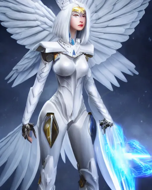 Image similar to perfect white haired attractive egyptian goddess with huge white dove wings, warframe armor, beautiful, symmetric, dreamy, half asian, pretty face, blue eyes, detailed, scifi platform, laboratory, experiment, 4 k, ultra realistic, epic lighting, android body, illuminated, cinematic, masterpiece, art by akihito tsukushi, voidstar