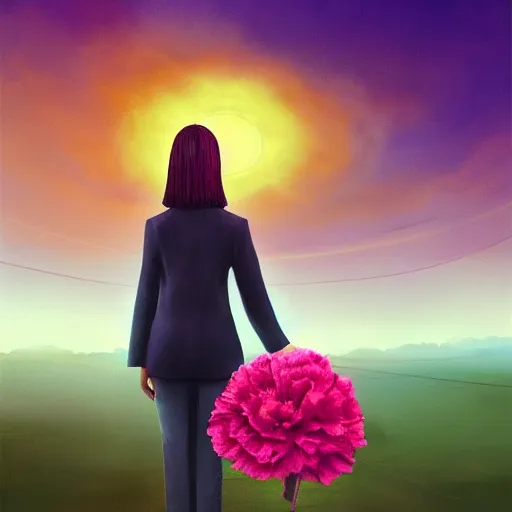 Image similar to giant carnation flower head, girl in suit, surreal photography, sunrise, dramatic light, impressionist painting, digital painting, artstation, simon stalenhag