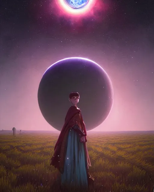 Image similar to highly detailed surreal vfx portrait of a futuristic mage in a rural farm with planets in background, stephen bliss, unreal engine, greg rutkowski, loish, rhads, beeple, makoto shinkai and lois van baarle, ilya kuvshinov, rossdraws, tom bagshaw, alphonse mucha, global illumination, detailed and intricate environment