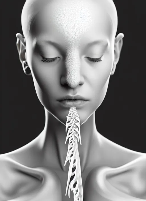 Image similar to a black and white 3D render of a beautiful portrait of a young female angelic-dragon-cyborg face with a very long neck, 150 mm, orchids, Mandelbrot fractal, anatomical, flesh, facial muscles, veins, arteries, full frame, microscopic, elegant, highly detailed, flesh ornate, elegant, high fashion, rim light, ray trace, octane render in the style of H.R. Giger and Man Ray, Realistic, Refined, Digital Art, Highly Detailed, Cinematic Lighting, rim light, black and white, photo-realistic Unreal Engine, 8K