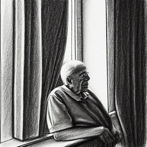 Prompt: pencil drawing of an old man in a nursing home looking out the window and remembering his youth, artistic illustration, stylized, detailed