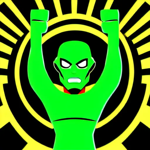 Image similar to a picture of a green man with his fist up, vector art by mor than, trending on deviantart, mingei, flat shading, prerendered graphics, marvel comics