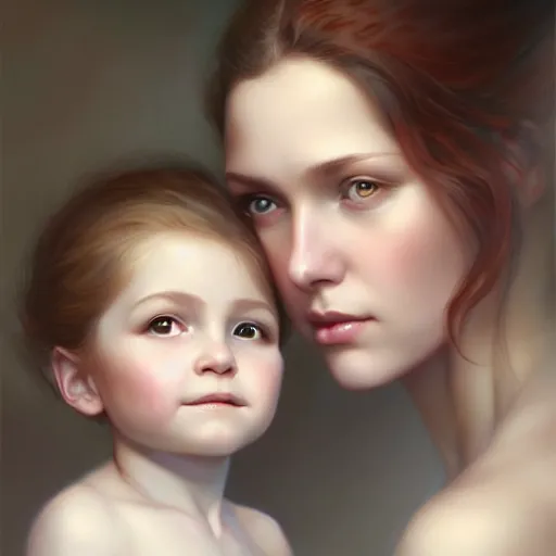 Image similar to love is patient love is kind, mother and child ; photorealistic oil painting by charlie bowater and mark blooms ; highly detailed cute faces by wlop ; trending on artstation