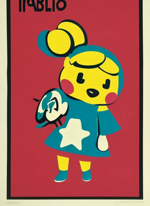 Image similar to Polish posters for Isabelle from Animal Crossing. Screen printed, silkscreen, two-tone paper texture. 1968