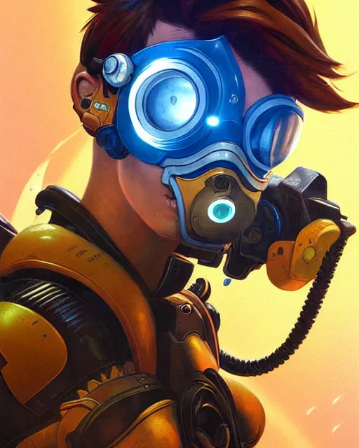 Image similar to tracer from overwatch, character portrait, portrait, close up, concept art, intricate details, highly detailed, vintage sci - fi poster, retro future, in the style of chris foss, rodger dean, moebius, michael whelan, and gustave dore