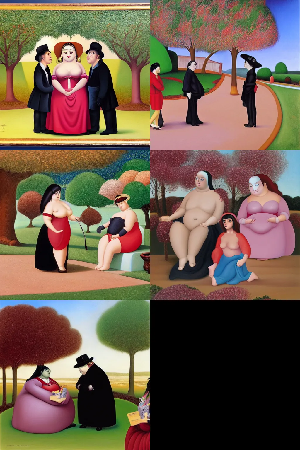 Prompt: an hd painting by fernando botero. three goths loitering in the shade, talking beneath a cherry tree outside a blockbuster video store.