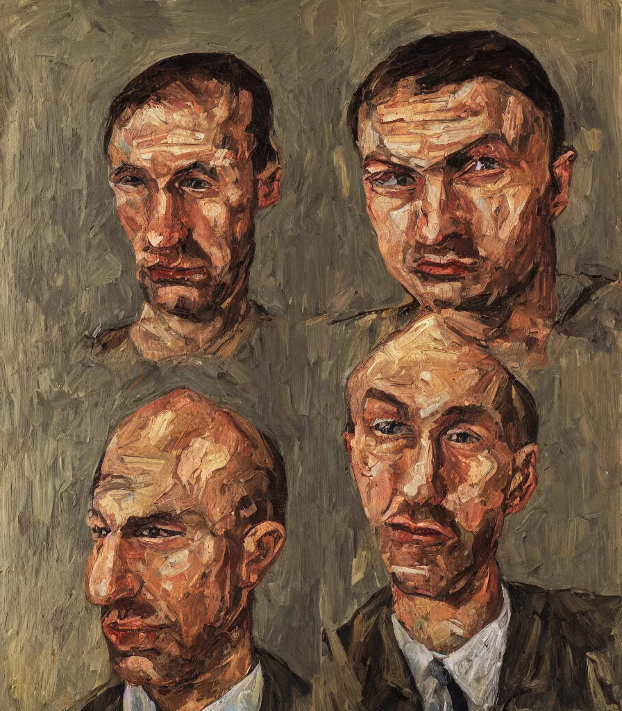 Prompt: head shot of a russian man in the style of lucian freud self portrait. oil painting, thick brush strokes.