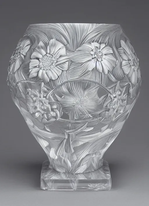 Image similar to Escher inspired flowerpot, with flowers, designed by Rene Lalique