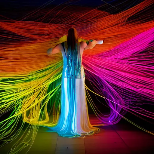 Image similar to woman in a long, flowing dress made of multi-colored wires and cables on a dark, misty night