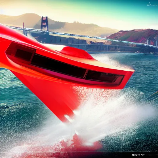 Image similar to concpet art featuring a futuristic red racing speedboat designed in the style of ferrari at golden gate park. bridge in background. fine detail. surf. this 4 k hd image is trending on artstation, featured on behance, well - rendered, extra crisp, features intricate detail, epic composition and the style of unreal engine.