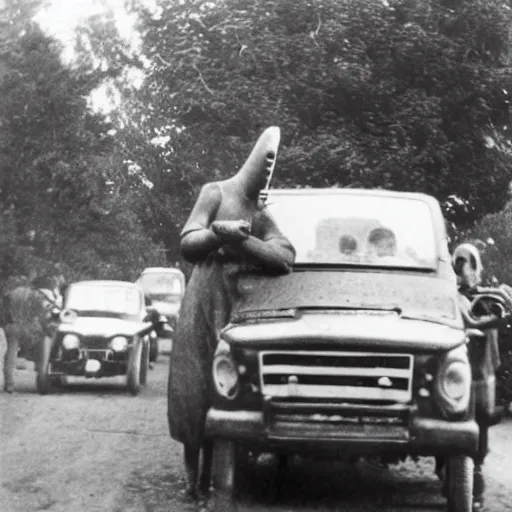 Image similar to unextincted humanoid dinosaurs driving cars, victorian photo