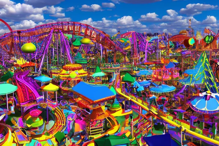 Image similar to a giant amusement park. colorful. photorealism.