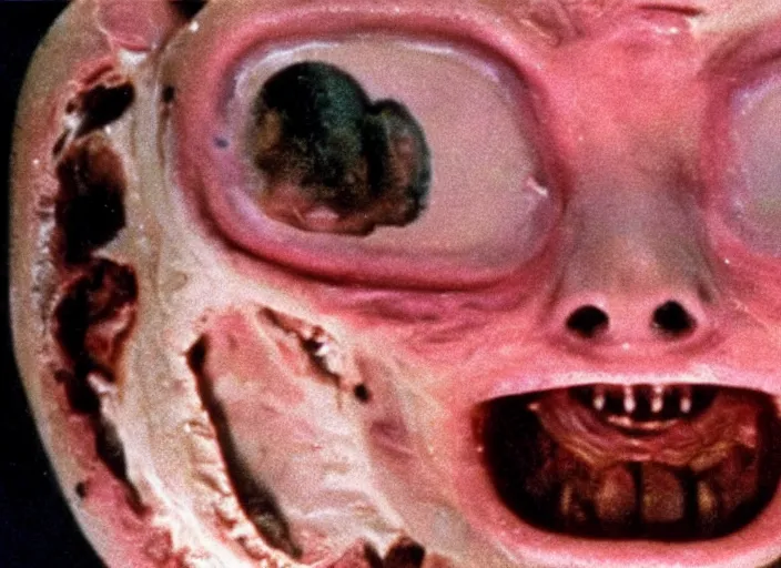 Prompt: disturbing 1 9 7 0 color photography of a human with alien features and crooked teeth horror film practical fx directed by david cronenberg and ridley scott