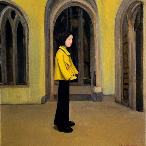 Image similar to a painting of a little girl with short black hair and wearing a yellow coat alone in the inner courtyard of an abbey by hopper