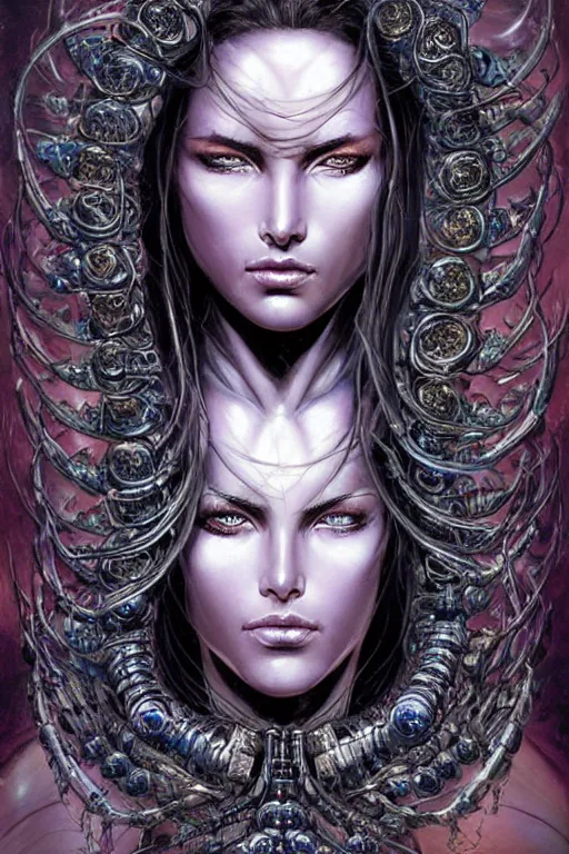 Image similar to beautiful and exotic and other-worldly alien queen bust portrait, sparkling eyes + frontal declotage with thick flowing hair, perfectly symmetrical facial features and muscle anatomy, ultradetailed art and illustration by bill sienkiewicz and chris bachalo and travis charest and chris achilleos, fantasy, intricate complexity, scientific human structure, accurate human anatomy, fantasy character concept, mixed media, watercolor, bleed, hyperrealism 8k