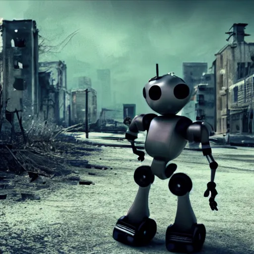 Image similar to small 2 fingered robot exploring abandoned city in the apocalypse, 4k cinematic shot, cute