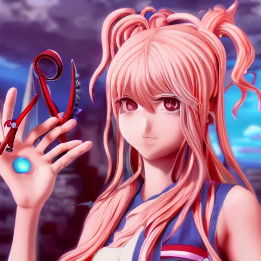 Image similar to no escape from stunningly absurdly beautiful omnipotent asi goddess junko enoshima with multiple twisted deceptive megalomaniacal mesmerizing charming yandere personalities, symmetrical perfect face, porcelain skin, pink twintail hair and cyan eyes, ultra detailed, digital art, unreal engine 5, octane render, 2 d anime, 8 k