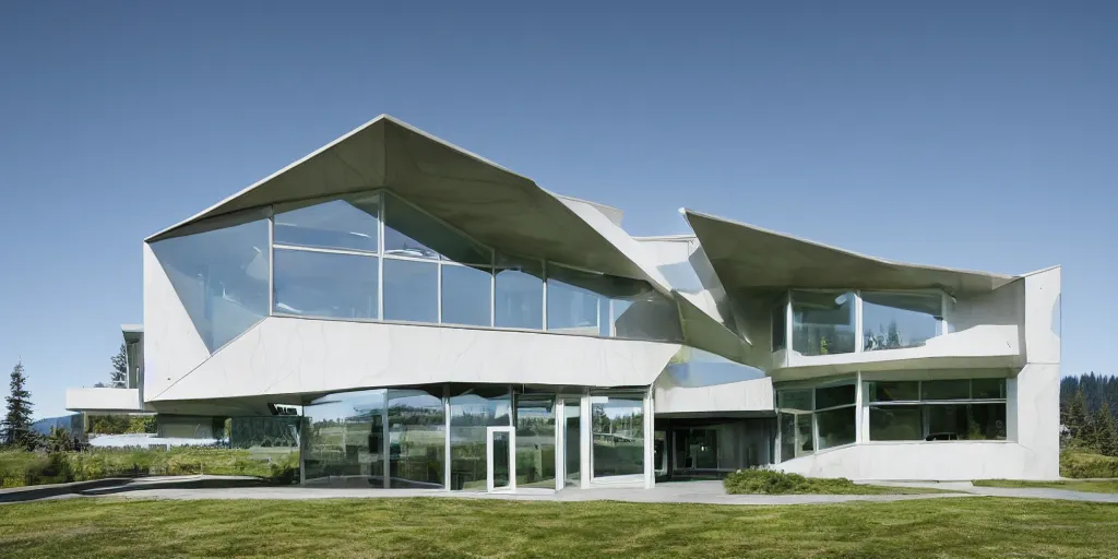 Prompt: futuristic Washington state residence, white concrete, green metal, large windows, intricate, right angles, triangular elements