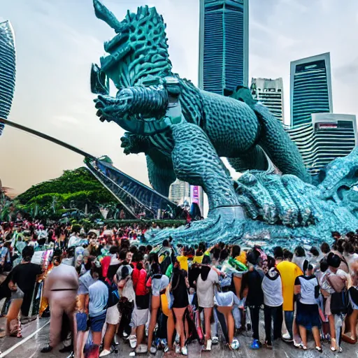 Prompt: large group of people and robots attacking merlion sculpture in Singapore, photorealistic, ultra-detailed, high resolution, HDR shot, cinematic lighting