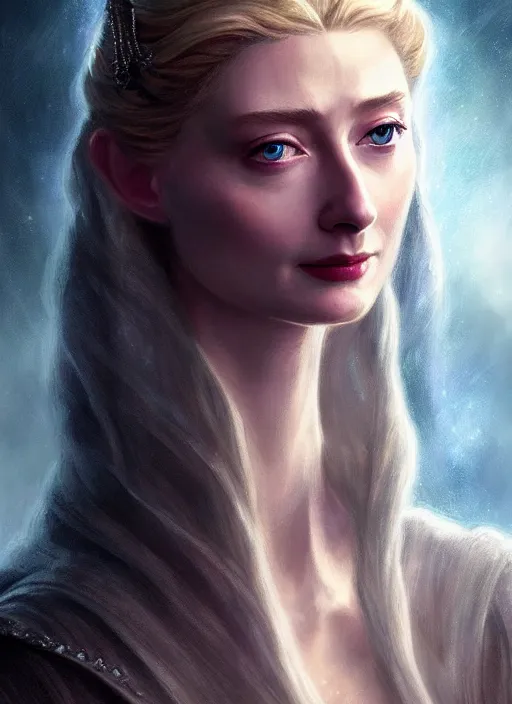 Image similar to beautiful stunning elizabeth debicki as galadriel, lord of the rings, lotr fanart, trending on artstation, character art, the hobbit digital painting, concept art, smooth, sharp focus, illustration, art by artgerm and greg rutkowski, radiant light,