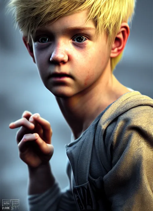 Image similar to ( ( ( ( ( hyperrealist cg of an epic fantasy blonde boy wearing thieves clothing ) ) ) ) ) by daniel f. gerhartz and matt stewart, fantasy, photorealistic, octane render, unreal engine, dynamic lighting, perfect factions, very detailed faces, trending on artstation, poster, volumetric lighting, 4 k, award winning