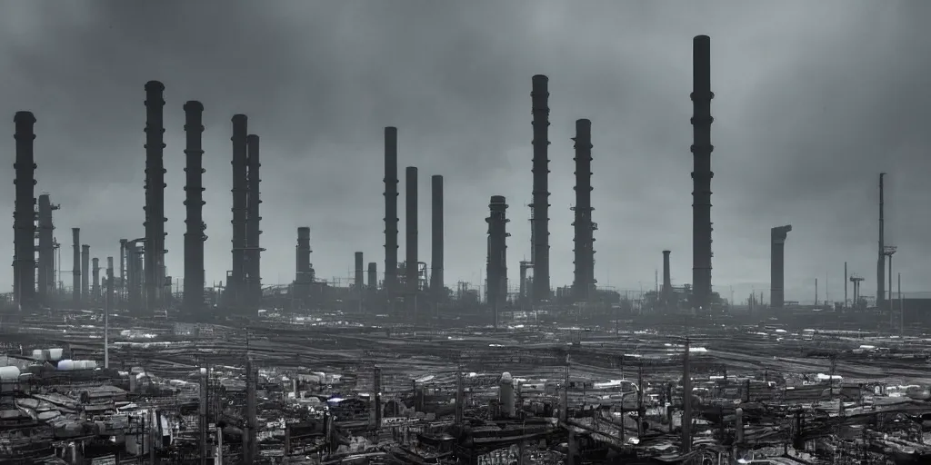 Prompt: industrial science-fiction landscape, huge mechanical towers, ground full of factories and pipes, under a dark cloudy sky, in the style of Blade Runner