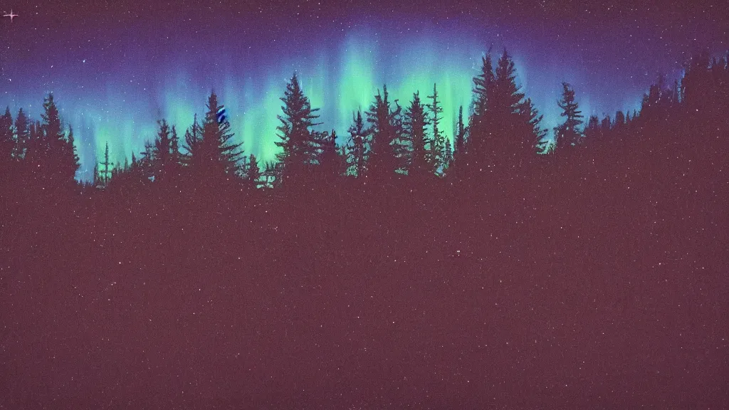 Image similar to a night sky, dark enclosed, winding hillside path, cozy, campfire, ((aurora)), quiet forest night scene, spangle, starlight 4k haunted psychedelic VHS glitch polaroid