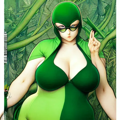 Prompt: fat pigeon in a green body suit, by Range Murata and Mucha