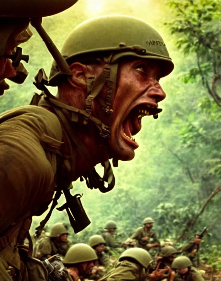 Prompt: Vietnam war scene with a few american soldiers into the jungle, extreme close up of an american soldier screaming with a hand besides his mouth, boixcar style, book cover art, movie still, cinematic lighting, art by Frank Frazetta and Alex Ross, award-winning masterpiece with incredible and beautiful details digital art, trending on artstation, smooth, sharp focus HD, 4K