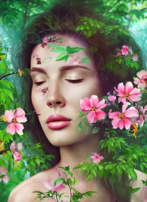 Image similar to a beautiful portrait of a beautiful woman with eyes closed in the jungle surrounded by pink flowers, face paintings, matte painting, fantasy art